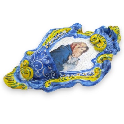 Sicilian ceramic stoup - h 21 x W 14 cm approx. With Maternity and Craquele effect on a blue background - 
