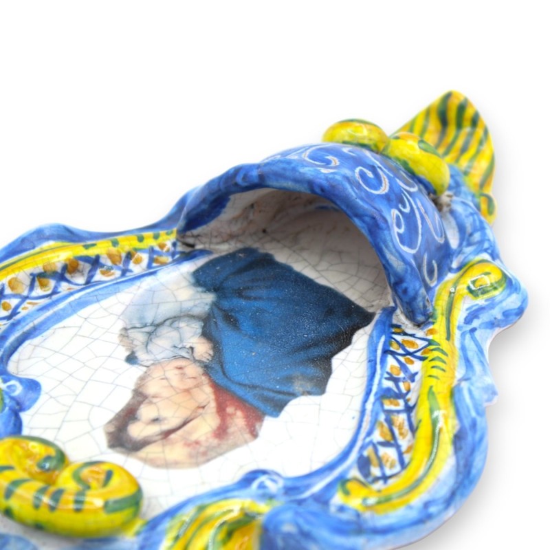 Sicilian ceramic stoup - h 21 x W 14 cm approx. With Maternity and Craquele effect on a blue background - 