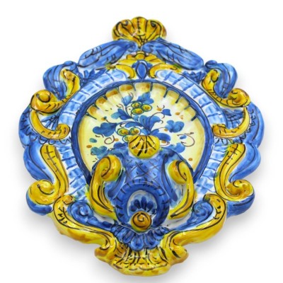 Sicilian ceramic stoup - h 30 cm x W 21 cm approx. 17th century and floral decoration on a blue background - 