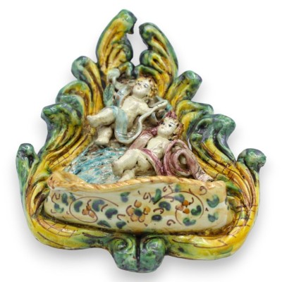Caltagirone ceramic stoup - h 25 x W 18 cm approx. with applications of cherubs on a yellow-green background - 