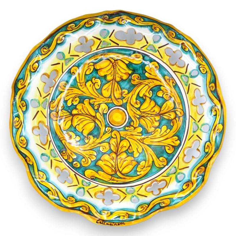 Tafelaufsatz aus Caltagirone-Keramik, gewellt und perforiert, mit 2 Größenoptionen (1 Stück), Barockdekoration und Palme