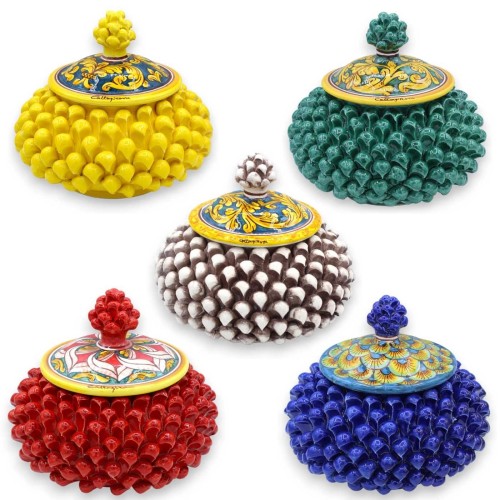 Boîte à biscuits ou à bijoux en forme de pomme de pin sicilienne, céramique de Caltagirone, Ø 22 cm environ (1 unité) Di