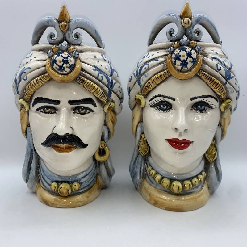 Pair of Caltagirone Moorish heads - height 25 cm Pointed crown with Blue decoration Mod NT - 