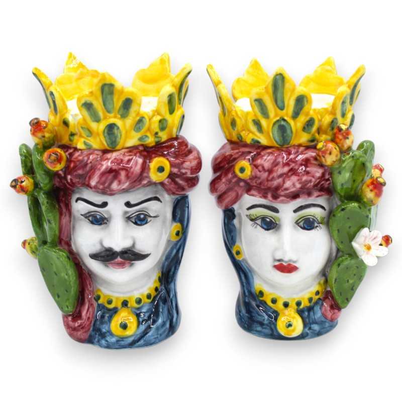 Coppia Teste di Moro in pregiata ceramica con Corona e Turbante - h 16 cm ca. con applicazioni di Ficodindia MD1 - 
