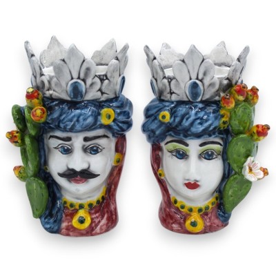 Coppia Teste di Moro in pregiata ceramica con Corona e Turbante - h 16 cm ca. con applicazioni di Ficodindia MD3 - 