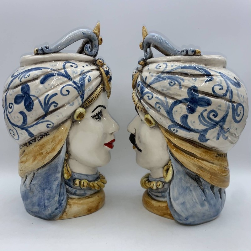 Par de cabezas de Caltagirone marrón oscuro - altura aproximada 25 cm Corona punta con decoración Azul Mod NT - 
