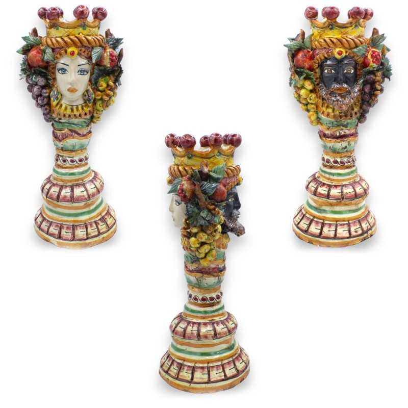 Tvåsidigt Janushuvud med två ansikten Ljusstake, Caltagirone keramik h ca 30 cm. MD1 blandad fruktdekoration - 