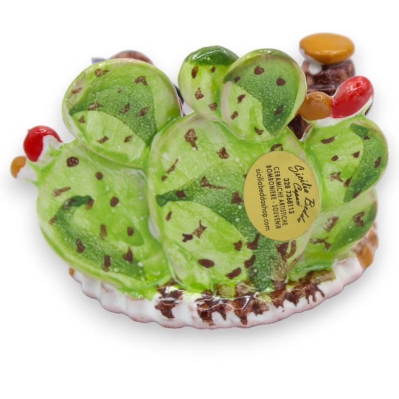 Artistieke kerststal in fijn keramiek met cactusvijgbladen - ca. L 7 x h 6 cm. - 