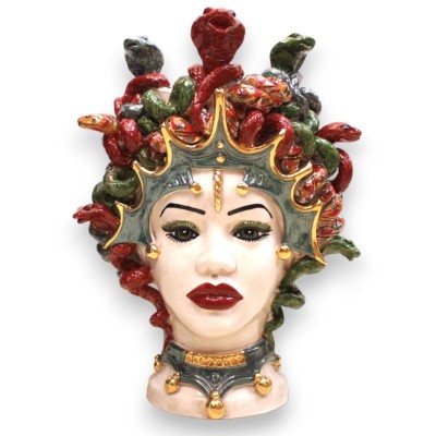 Testa di Medusa, figura mitologica, in ceramica Caltagirone h 45 cm ca. Con Tiara e dettagli in smalto oro zecchino 24k 