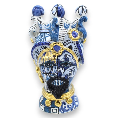 Sizilianische Moorköpfe (1 Stück) H ca. 22 cm Caltagirone-Keramik, blauer Hintergrund der ÉLITE-Serie, Emaille aus 24-karätigem