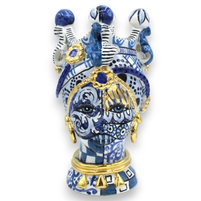 Sicilian Moor heads (1pc) h approx. 22 cm Caltagirone ceramic, ÉLITE Series Blue Background, 24k pure gold enamel - 