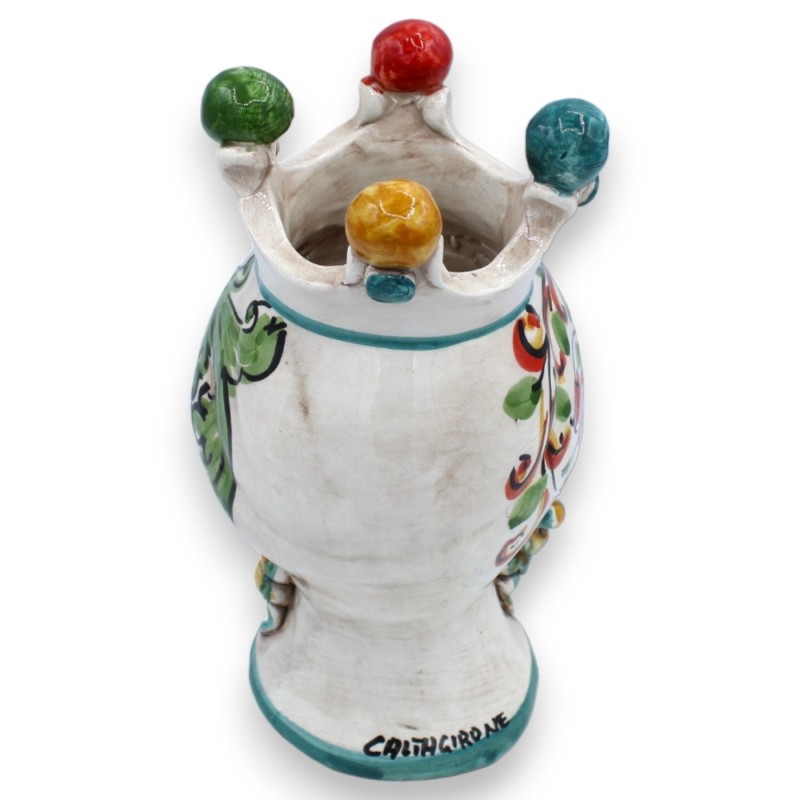 Head of Polyphemus, mythological figure in Caltagirone ceramic, h approx. 20 cm. Green and orange beard on white backgro