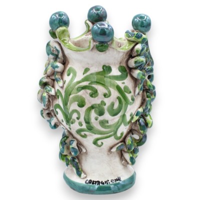 Head of Medusa, mythological figure in Caltagirone ceramic, h approx. 20 cm. Shaded green snakes and green crown details