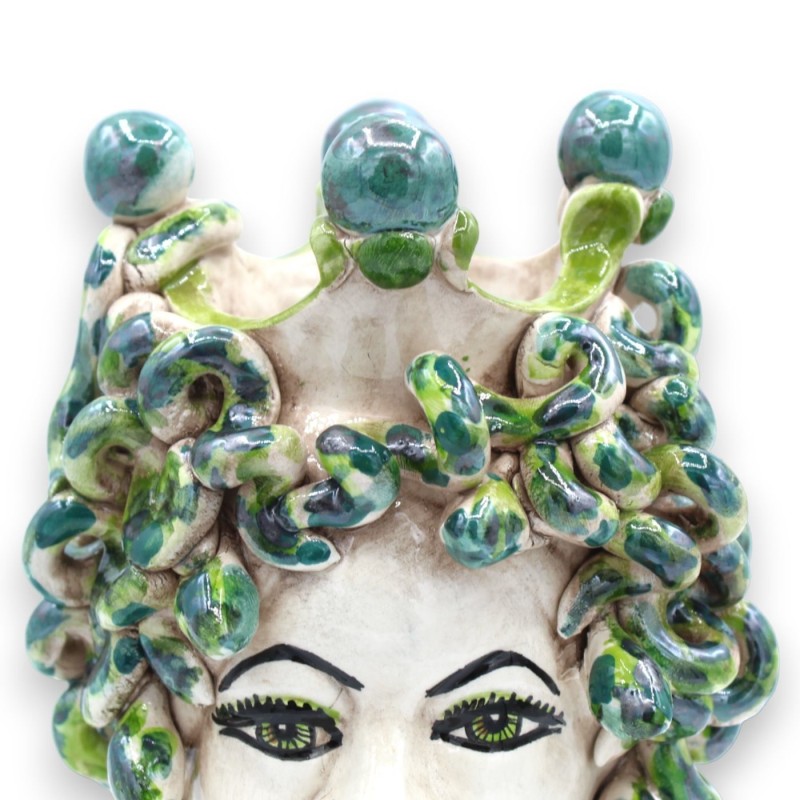 Head of Medusa, mythological figure in Caltagirone ceramic, h approx. 20 cm. Shaded green snakes and green crown details