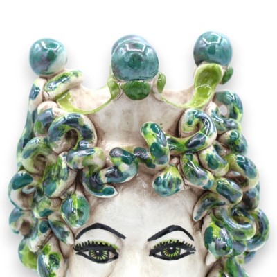 Head of Medusa, mythological figure in Caltagirone ceramic, h approx. 20 cm. Shaded green snakes and green crown details