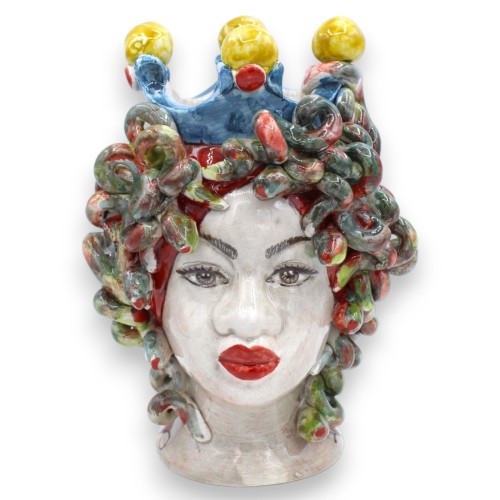 Testa di Medusa, figura mitologica in ceramica Caltagirone h 20 cm ca. Serpenti verdi e bordeaux, corona blu e giallo - 