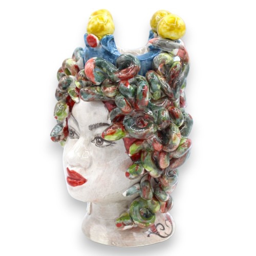 Testa di Medusa, figura mitologica in ceramica Caltagirone h 20 cm ca. Serpenti verdi e bordeaux e dettagli corona verdi 2