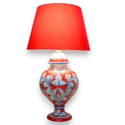 Baroque lamp with decorated stem, Sicilian ceramic, approx. h 70 cm. Turquoise baroque decoration on a red background - 