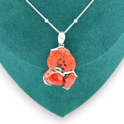 925 Silver Necklace, L 48 + 4 cm approx. with Torre del Greco coral pendant - 