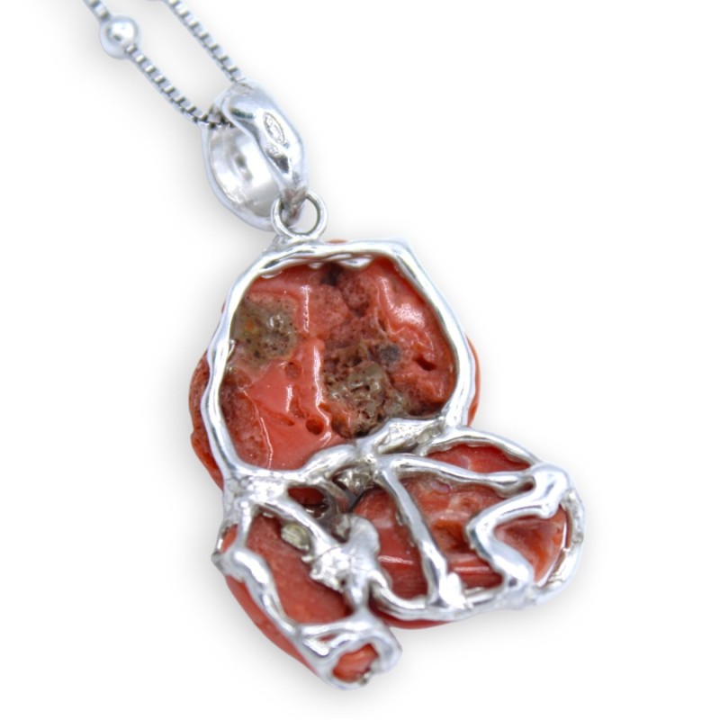 Collier en Argent 925, L 48 + 4 cm env. avec pendentif corail Torre del Greco - 