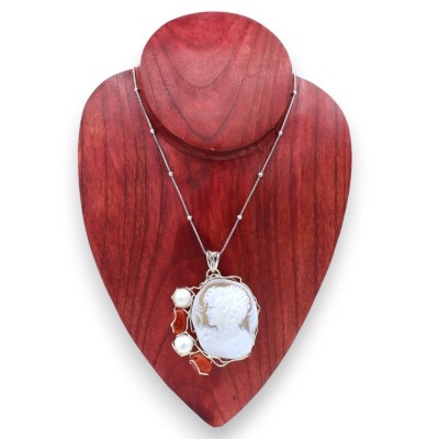 Collier en argent 925 avec camée, corail Torre del Greco et perles, L 50 + 7 cm environ. - 