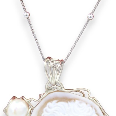 Collana d'Argento 925 con Cammeo, corallo Torre del Greco e Perle, L 50 + 7 cm ca. - 