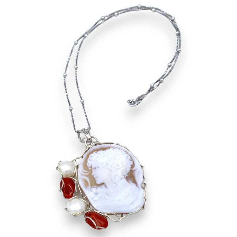 Halskette aus 925er Silber mit Kamee, Torre del Greco-Koralle und Perlen, L 50 + 7 cm ca. -