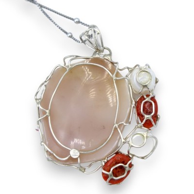 Collana d'Argento 925 con Cammeo, corallo Torre del Greco e Perle, L 50 + 7 cm ca. - 