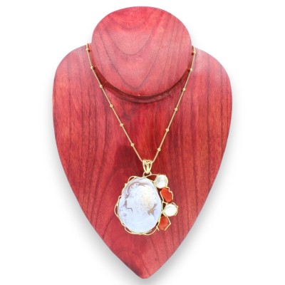 Colar em Prata 925 banhado a ouro - C 48 + 7 cm aprox. com Camafeu, Coral Torre del Greco e Pérolas - 