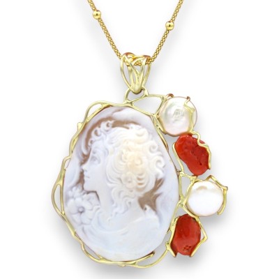 Collana d'Argento 925 placcata in oro - L 48 + 7 cm ca. con Cammeo, corallo Torre del Greco e Perle - 