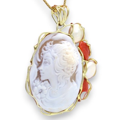 Colar em Prata 925 banhado a ouro - C 48 + 7 cm aprox. com Camafeu, Coral Torre del Greco e Pérolas - 