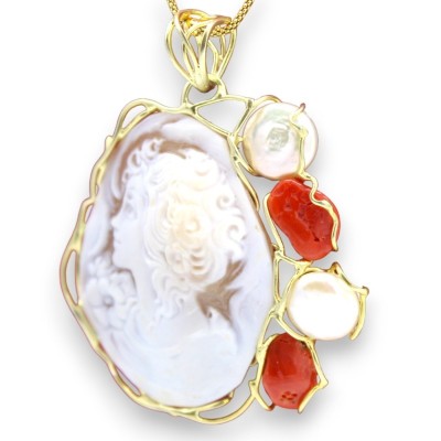 Collana d'Argento 925 placcata in oro - L 48 + 7 cm ca. con Cammeo, corallo Torre del Greco e Perle - 