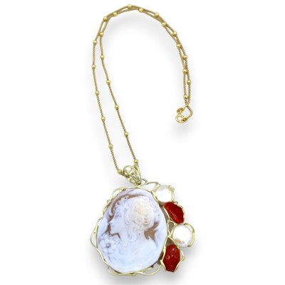 Collana d'Argento 925 placcata in oro - L 48 + 7 cm ca. con Cammeo, corallo Torre del Greco e Perle - 