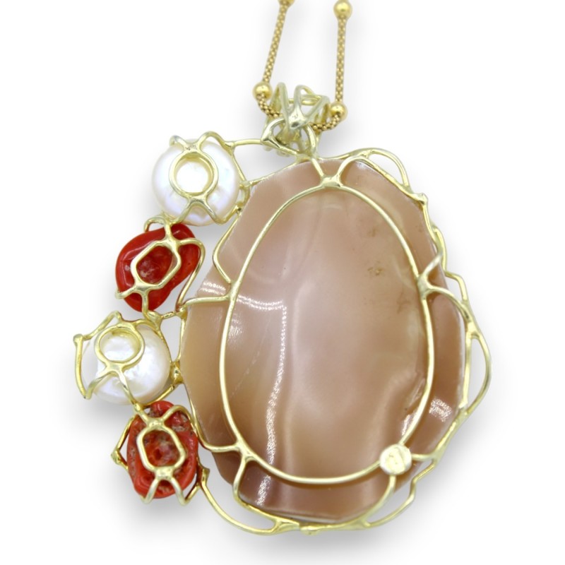 Colar em Prata 925 banhado a ouro - C 48 + 7 cm aprox. com Camafeu, Coral Torre del Greco e Pérolas - 