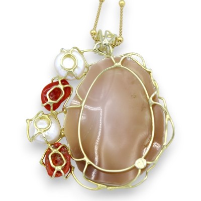 Collana d'Argento 925 placcata in oro - L 48 + 7 cm ca. con Cammeo, corallo Torre del Greco e Perle - 
