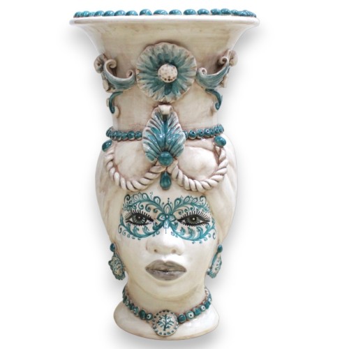 Porte-parapluie en céramique Tête de Moro Caltagirone h environ 50 cm (1pc) Masque et détails verts, fond Blanc Antique