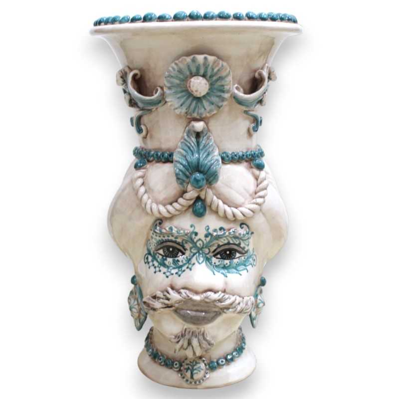 Testa di Moro Porta Ombrelli in ceramica Caltagirone h 50 cm ca. (1pz) Maschera e dettagli verdi, fondo bianco antico - 