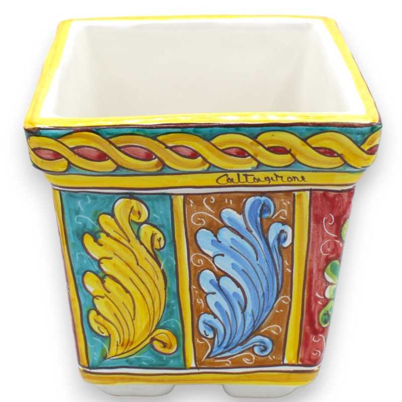 Square vase box in Caltagirone ceramic - h 20 x 20 x 20 cm approx. multicolored baroque decoration and braid - 