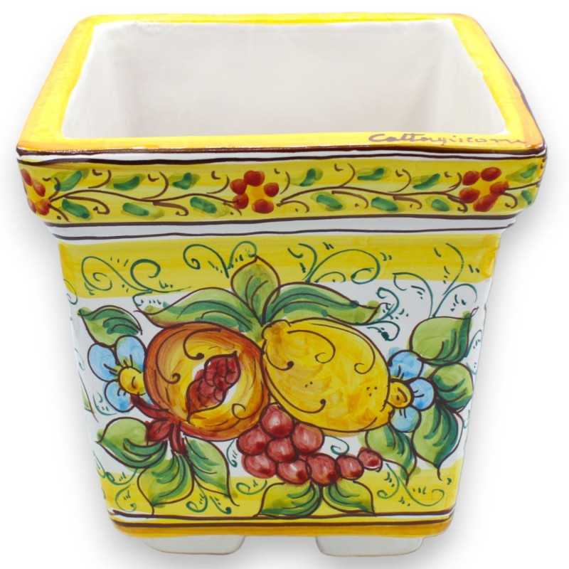Square vase box in Caltagirone ceramic - h 20 x 20 x 20 cm approx. lemon, grape and pomegranate decoration, yellow backg