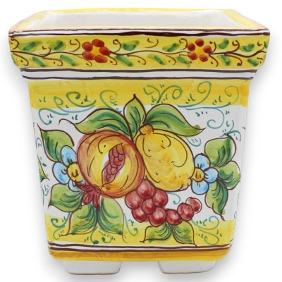Boîte vase carrée en céramique de Caltagirone - h 20 x 20 x 20 cm environ. décoration citron, raisin et grenade, fond ja