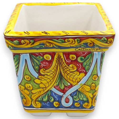 Caja florero cuadrada de cerámica Caltagirone - h 20 x 20 x 20 cm aprox. decoración geométrica y barroca, fondo rojo y a