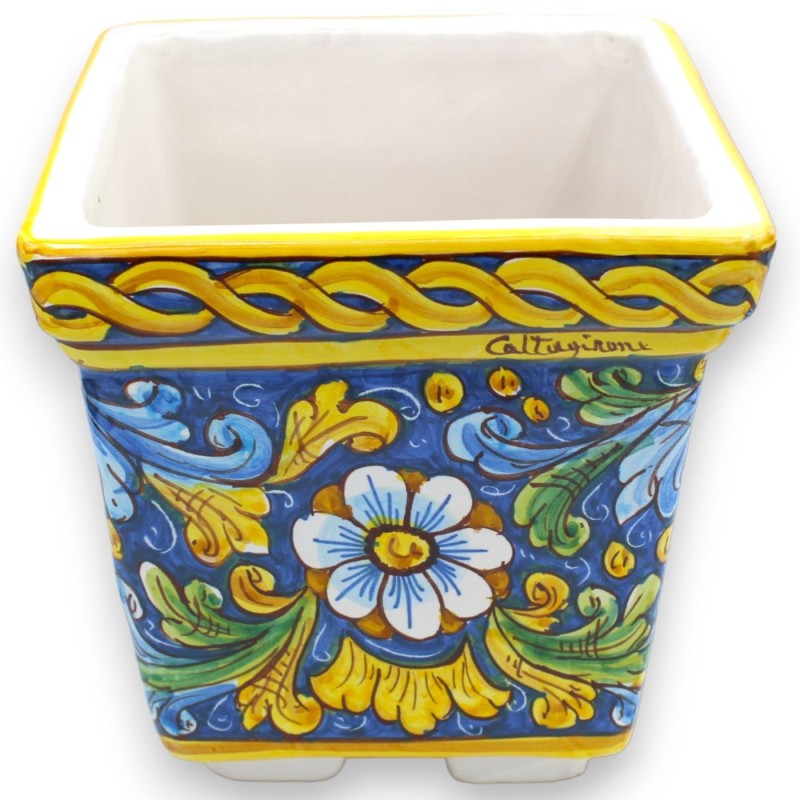 Boîte vase carrée en céramique de Caltagirone - h 20 x 20 x 20 cm environ. décoration baroque et fleur, fond bleu et gal