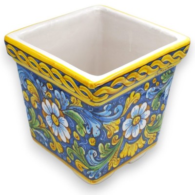 Caja florero cuadrada de cerámica Caltagirone - h 20 x 20 x 20 cm aprox. decoración barroca y flores, fondo azul y trenz