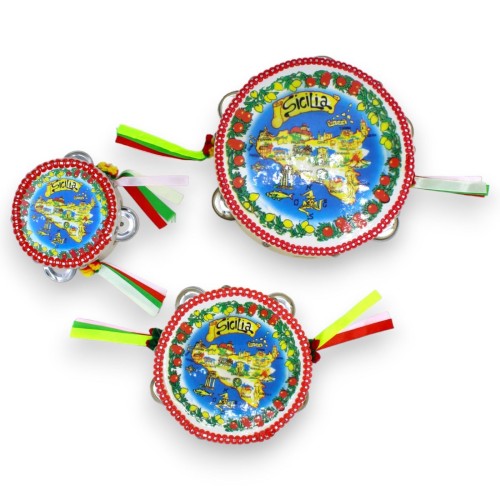 Pandereta siciliana con sonajeros - en madera y estampado con temática de Sicilia, con 3 opciones de tamaño (1ud) - 