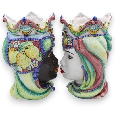 Paar dunkelbraune Köpfe aus Caltagirone-Keramik, ca. H 25 cm. Krone und Turban MD6 - 