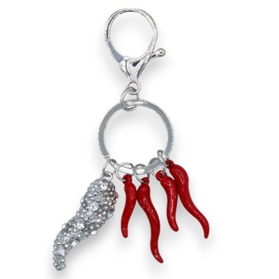 Hoornsleutelhanger met strass steentjes en 4 mini gelukshoorntjes, ca. h 11 cm. (1 st) - 