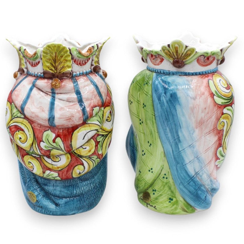 Coppia Teste di moro ceramica Caltagirone, h 25 cm ca. Corona e turbante MD7 - 