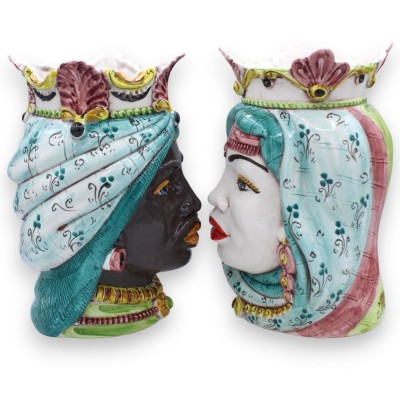 Ett par Caltagirone keramiska mörkbruna huvuden, ca h 25 cm. Krona och turban MD8 - 
