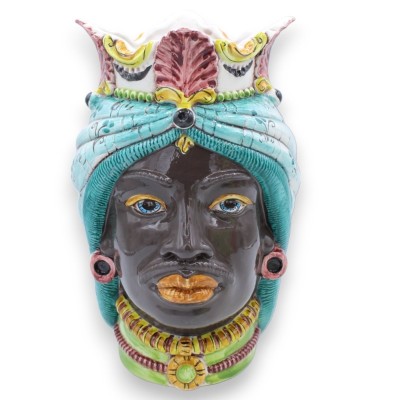 Coppia Teste di moro ceramica Caltagirone, h 25 cm ca. Corona e turbante MD8 - 