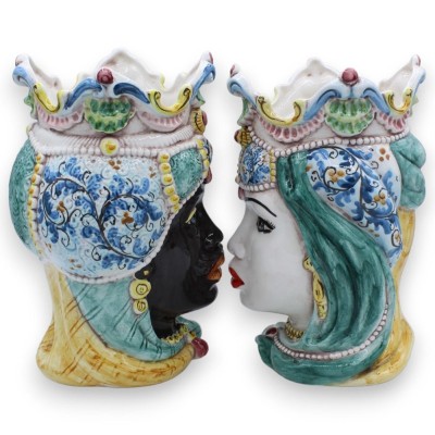 Paar Caltagirone keramische donkerbruine koppen, ca. h 24 / 25 cm. Kroon en tulband MD10 - 